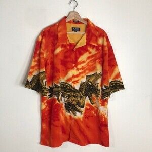 KAD clothing mens button up all over print colorful dragon graphic shirt size XL